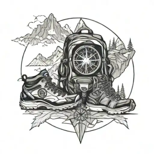 A detailed compass rose with hiking boots and a backpack, surrounded by mountain peaks tattoo design idea