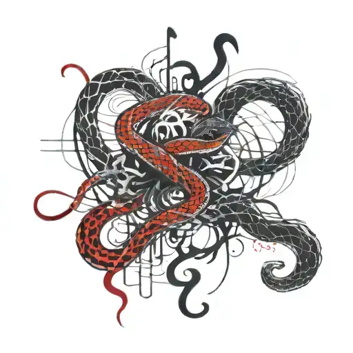 Black and red scary snake as focal point with musical notes and Lily’s in the background tattoo design idea