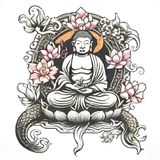 Buddha, lotus, yin Yan koi fish tattoo design idea