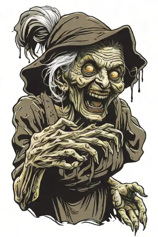 crazed zombie old lady, handing out candy on halloween, the candy is covered in maggots and zombie slime, demented smile tattoo design idea