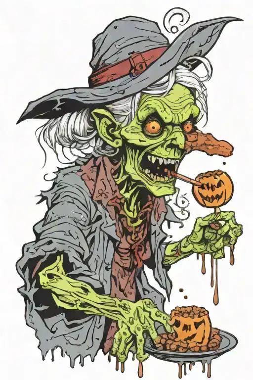 crazed zombie old lady, handing out candy on halloween, the candy is covered in maggots and zombie slime, demented smile tattoo design idea
