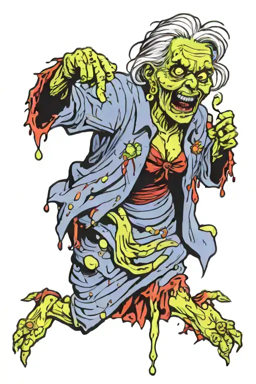 crazed zombie old lady, handing out candy on halloween, the candy is covered in maggots and zombie slime, demented smile tattoo design idea