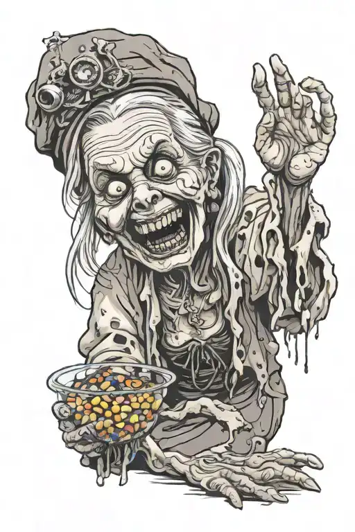 crazed old lady, handing out candy on halloween, the candy is covered in maggots and zombie slime, demented smile tattoo design idea
