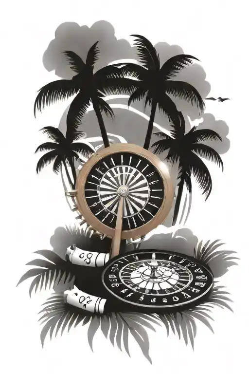 travel themed with palm trees and a roulette wheel tattoo design idea