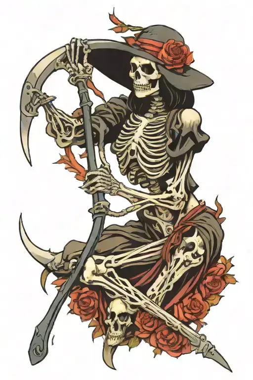 skeleton woman, posing, leaning against a scythe tattoo design idea