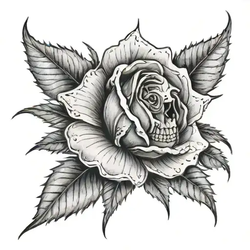 A black and white rose with a detailed skull in the center, replacing the flower's bud. The thin stem has thorns and a s tattoo design idea