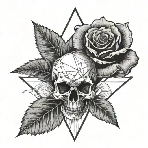 A black and white rose with a detailed skull in the center, replacing the flower's bud. The thin stem has thorns and a s tattoo design idea