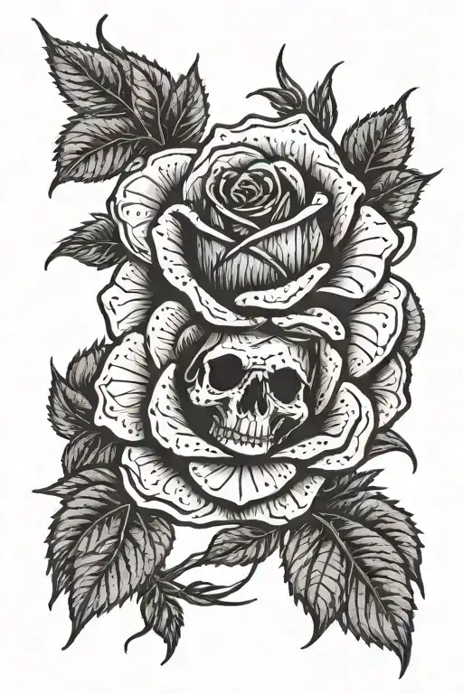 A black and white rose with a detailed skull in the center, replacing the flower's bud. The thin stem has thorns and a s tattoo design idea