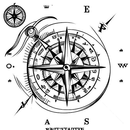 A tattoo of a compass which has the elements of adventure, mountains and beach. tattoo design idea