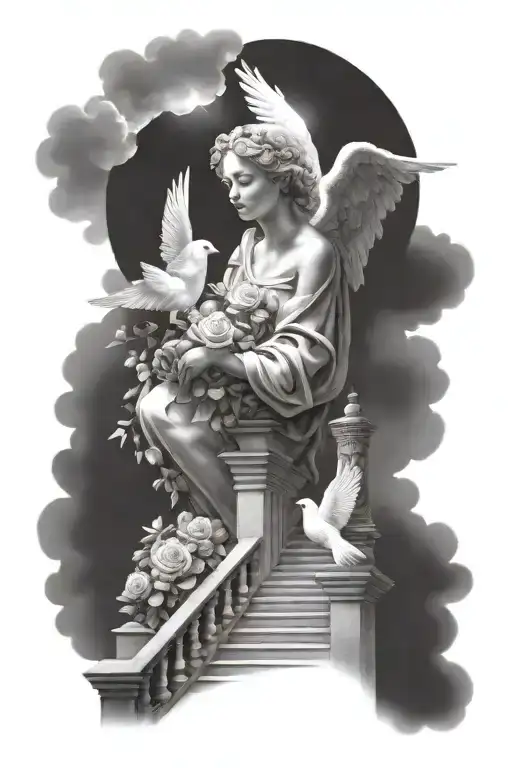 Angel, dove, stairs, light shining thru clouds, roses tattoo design idea