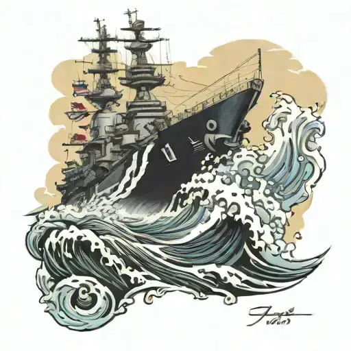 USS Carl Vinson aircraft carrier battling powerful waves tattoo design idea