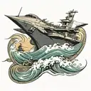 USS Carl Vinson aircraft carrier battling powerful waves tattoo design idea