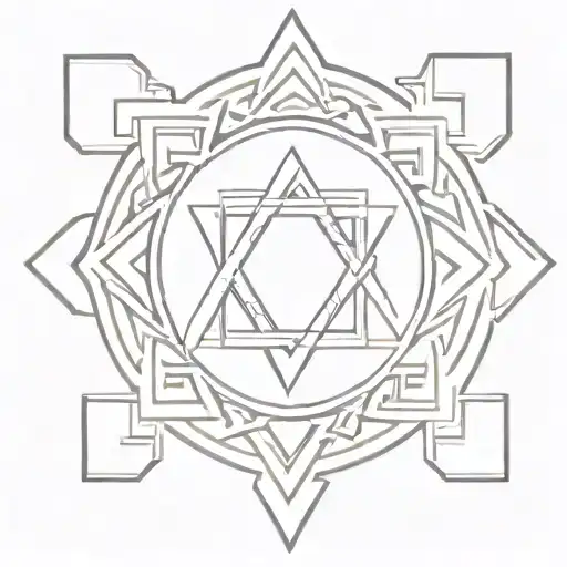 A tattoo design of a traditional Thai symbol surrounded by judaism motifs, blending your love for both cultures tattoo design idea