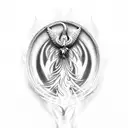 Incorporate a mythological phoenix rising from steel flames in a black-grey style tattoo design idea