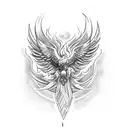 Incorporate a mythological phoenix rising from steel flames in a black-grey style tattoo design idea