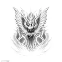 Incorporate a mythological phoenix rising from steel flames in a black-grey style tattoo design idea