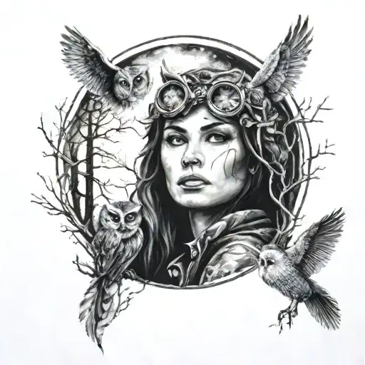 mystery woman searcher forest lighting moon owl tattoo design idea