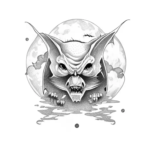 A gothic castle with a moonlit sky, surrounded by a swirling cloud of bats tattoo design idea