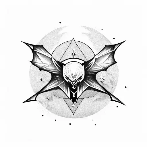 A gothic castle with a moonlit sky, surrounded by a swirling cloud of bats tattoo design idea