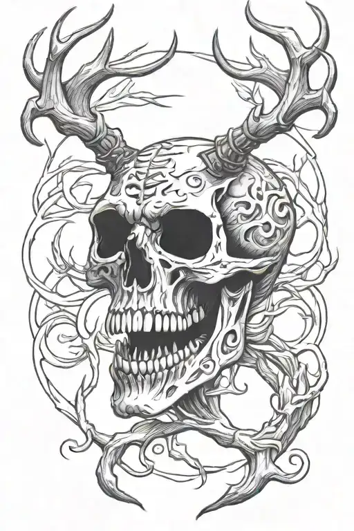Wendigo skull with twisted antlers tattoo design idea