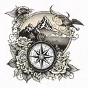 Travel compass, pixels dusts Heath heart Faith, heart beat line, medial caduceus, rosey Struggles-mountains, locus flowe tattoo design idea