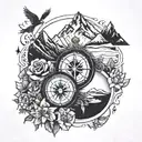 Travel compass, pixels dusts Heath heart Faith, heart beat line, medial caduceus, rosey Struggles-mountains, locus flowe tattoo design idea