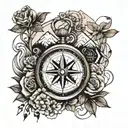 Travel compass, pixels dusts Heath heart Faith, heart beat line, medial caduceus, rosey Struggles-mountains, locus flowe tattoo design idea