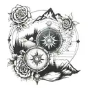 Travel compass, pixels dusts Heath heart Faith, heart beat line, medial caduceus, rosey Struggles-mountains, locus flowe tattoo design idea