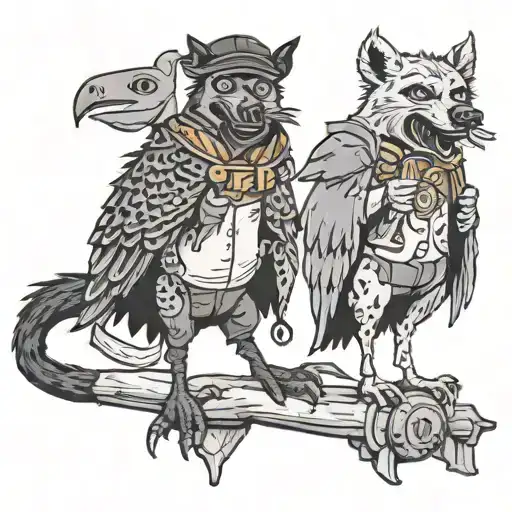 Judgemental raven and hyena doing stand up comedy tattoo design idea