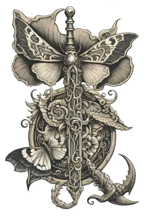 sword with crescent moon pommel lunar moth on pommell snake wrapped around blade with open mouth  tattoo design idea