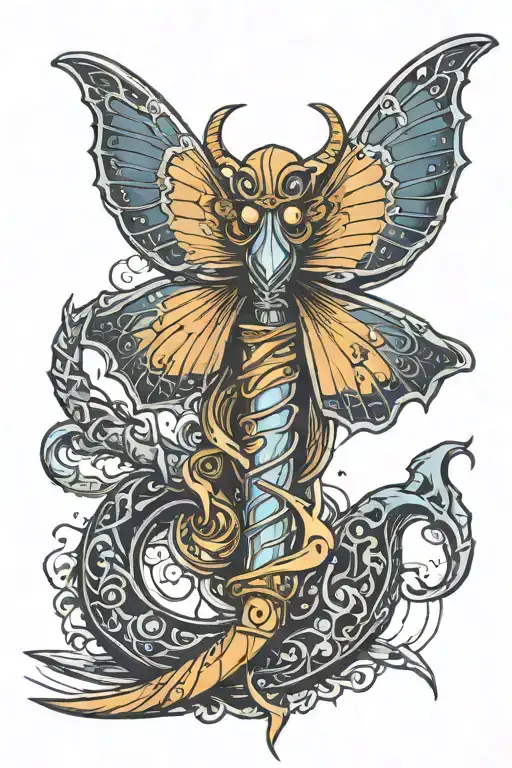 sword with crescent moon pommel lunar moth on pommell snake wrapped around blade with open mouth  tattoo design idea