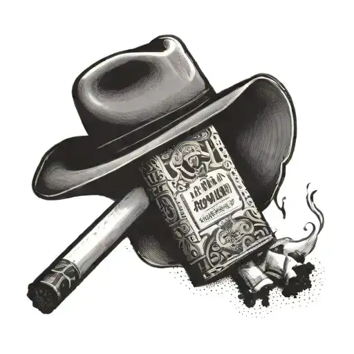 A vintage 1942 cigarette pack with a cowboy hat on top, blending two passions into one unique design tattoo design idea