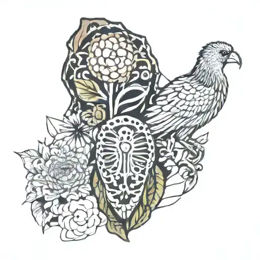 Africa continent plus Zulu shield plus protea flower plus kiwi bird plus New Zealand islands tattoo design idea