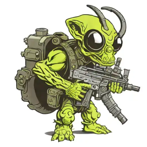 really muscular alien with big head and three big eyes holding an ar-15 and wearing night vision goggles tattoo design idea