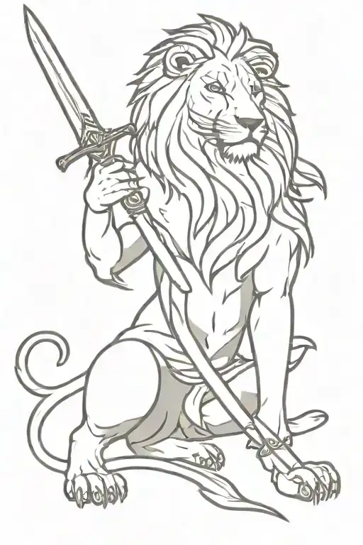 A detailed blackwork tattoo of a lion holding a sword, symbolizing strength and courage tattoo design idea