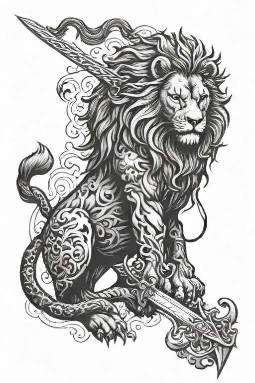 A detailed blackwork tattoo of a lion holding a sword, symbolizing strength and courage tattoo design idea