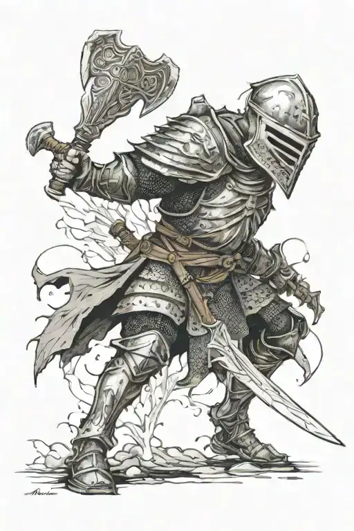warrior in dark souls armor with axe attacking tattoo design idea