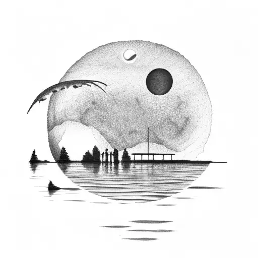 A tranquil lakeside scene with a crescent moon reflected on the water tattoo design idea