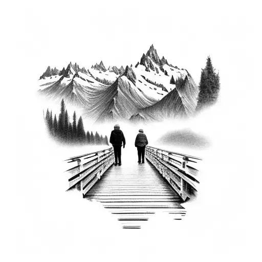 granpa and grandson walking on bridge ove lake looking into mountain range tattoo design idea