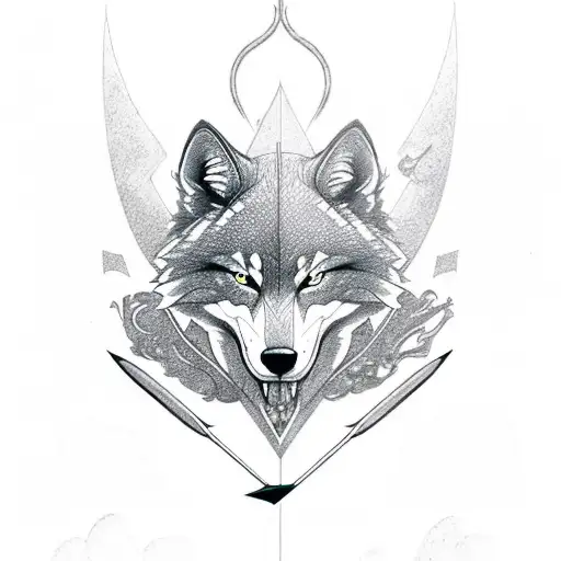 bow and arrow with snarling wolf tattoo design idea