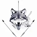 bow and arrow with snarling wolf tattoo design idea