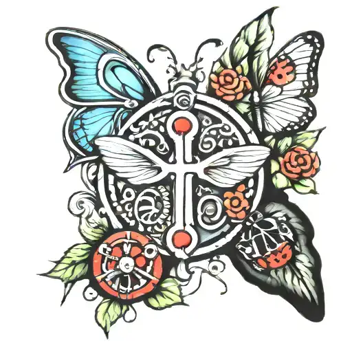 peace sign, cross, butterfly, ladybug  tattoo design idea