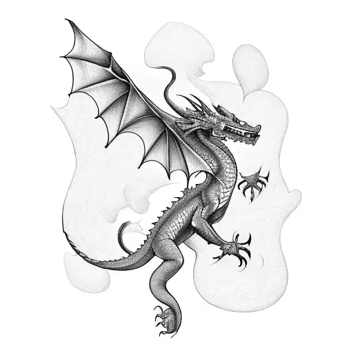 A dragon flying over a bookshelf filled with musical notes and broken hearts tattoo design idea