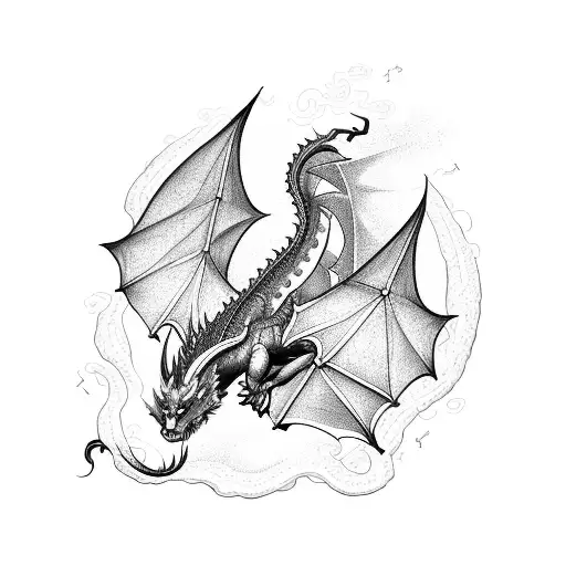 A dragon flying over a bookshelf filled with musical notes and instruments tattoo design idea