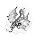 A dragon flying over a bookshelf filled with musical notes and instruments tattoo design idea
