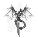 A dragon flying over a bookshelf filled with musical notes and instruments tattoo design idea