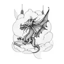 A dragon flying over a bookshelf filled with musical notes and instruments tattoo design idea