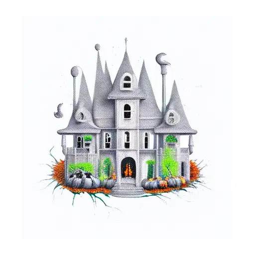 pumpkin with haunted house tattoo design idea