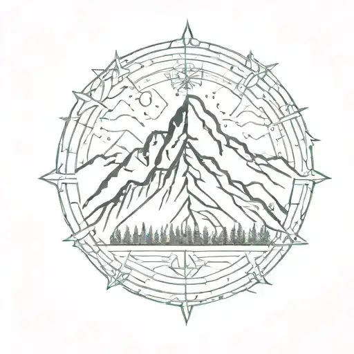 A geometric mountain range tattoo with a compass rose design, representing the client's love for camping and exploration tattoo design idea