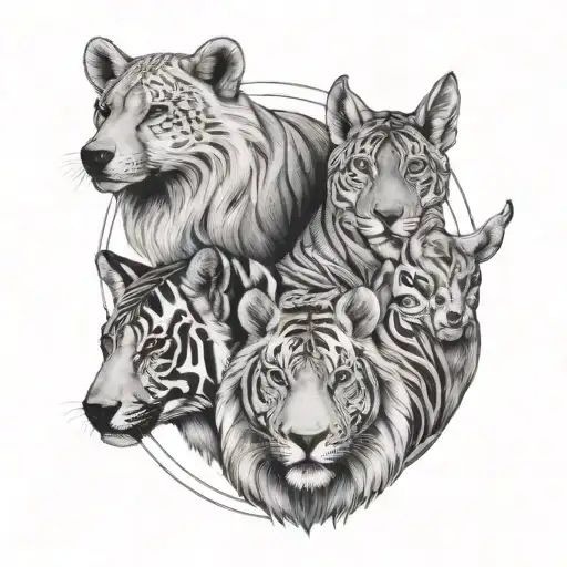 Illustrate a linear tattoo of four animals that symbolize each cousin's personality traits tattoo design idea